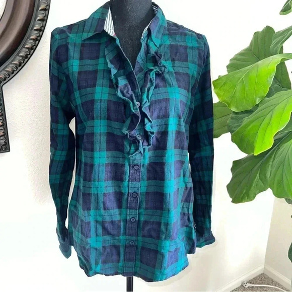 Tommy Hilfiger Tops - Tommy Hilfiger Women’s TarTan Green Plaid Ruffle Front Slit Neck Blouse …